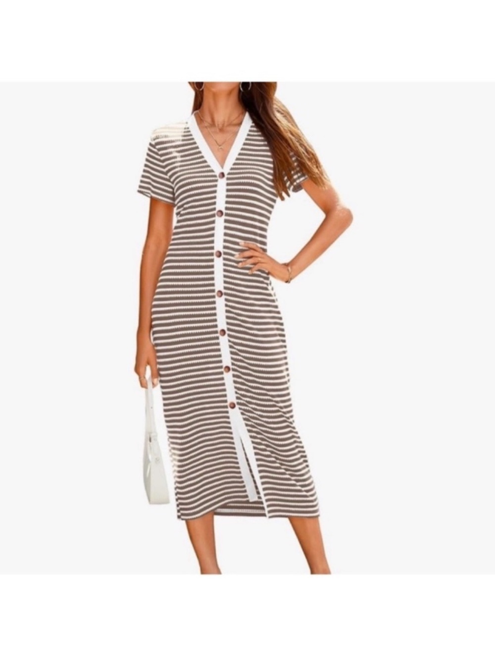 NWT Short Sleeve Striped Button-Front Midi Dress- Brown & White, Size Large